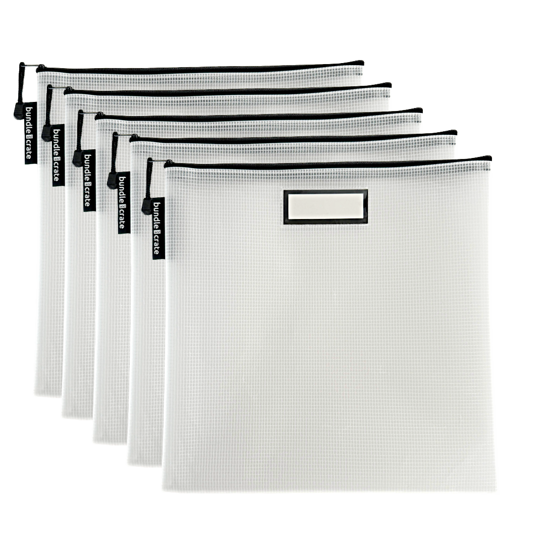 Set of five white mesh bags with black zippers on a white background