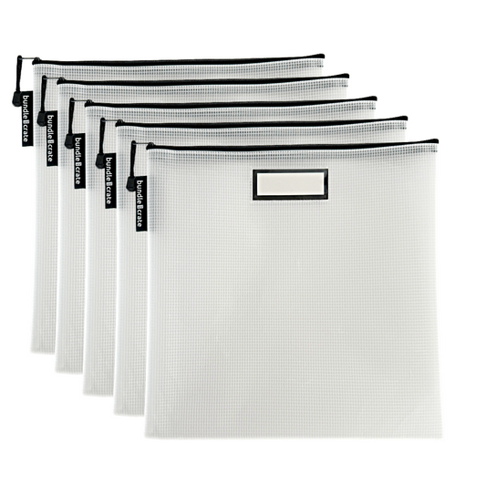 Set of five white mesh bags with black zippers on a white background