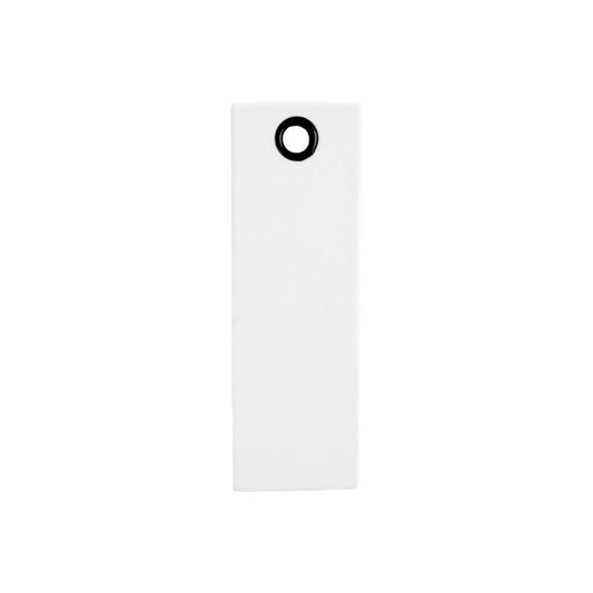 White rectangular tag with a black circular hole on a white background